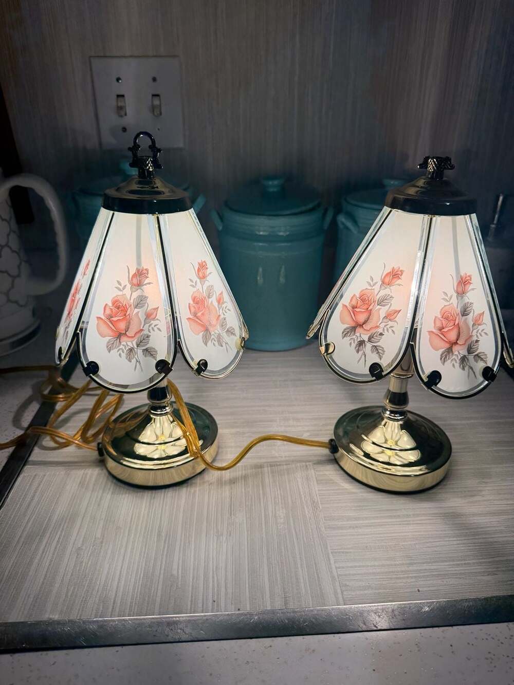 Vintage Rose Floral Stained Glass Touch Table Lamps Set